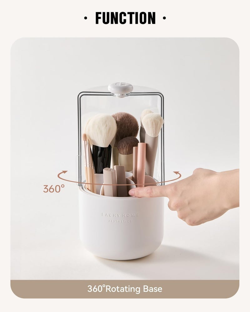 EACHY Makeup Brush Holder 360° Rotating with Dustproof Lid, Waterproof Material, 7 Compartments for Organized Storage, Stylish and Durable Design for Vanity (White) - Image 3
